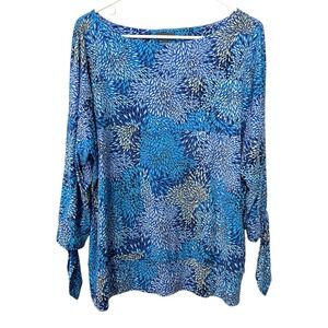 The Limited XL Blue Burst Floral‎ Boat Neck Tie Cuff Long Sleeve Blouse Casual